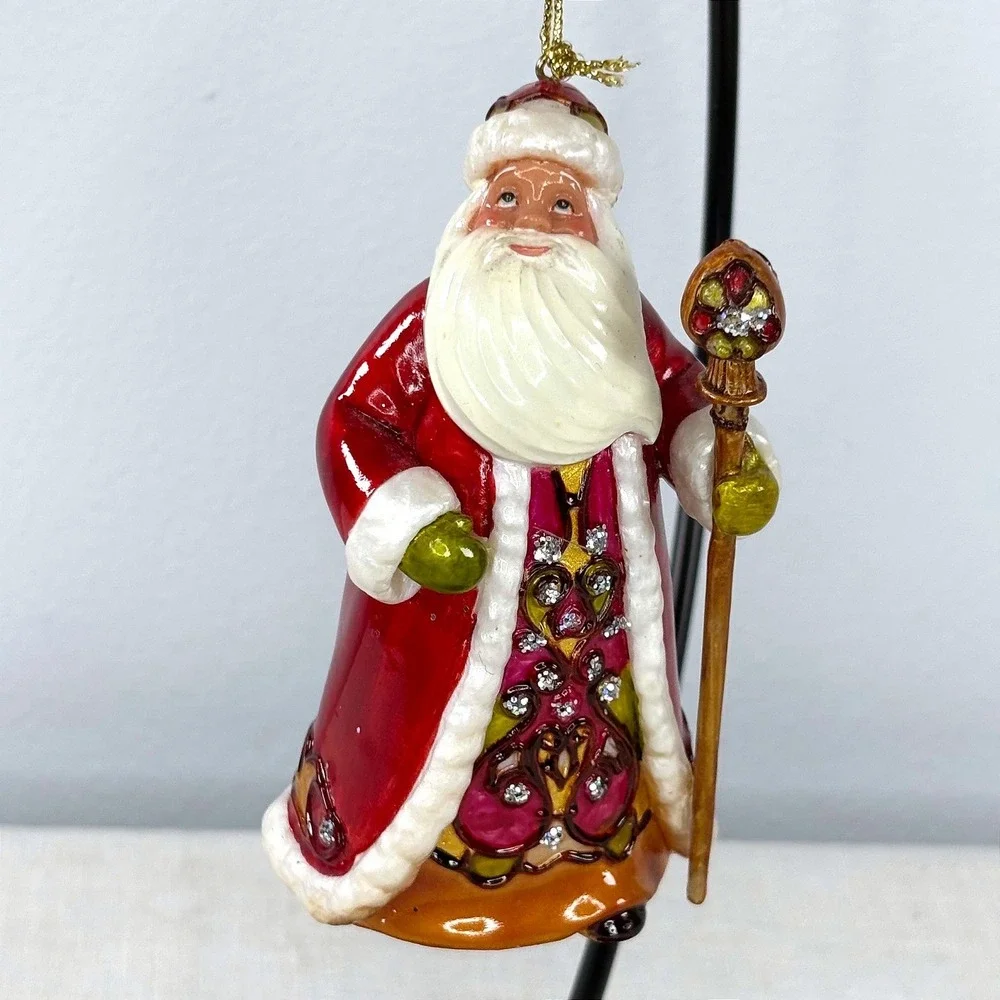 Red Glass Santa Claus Christmas Ornament Jeweled Staff Glitter Red Gold
